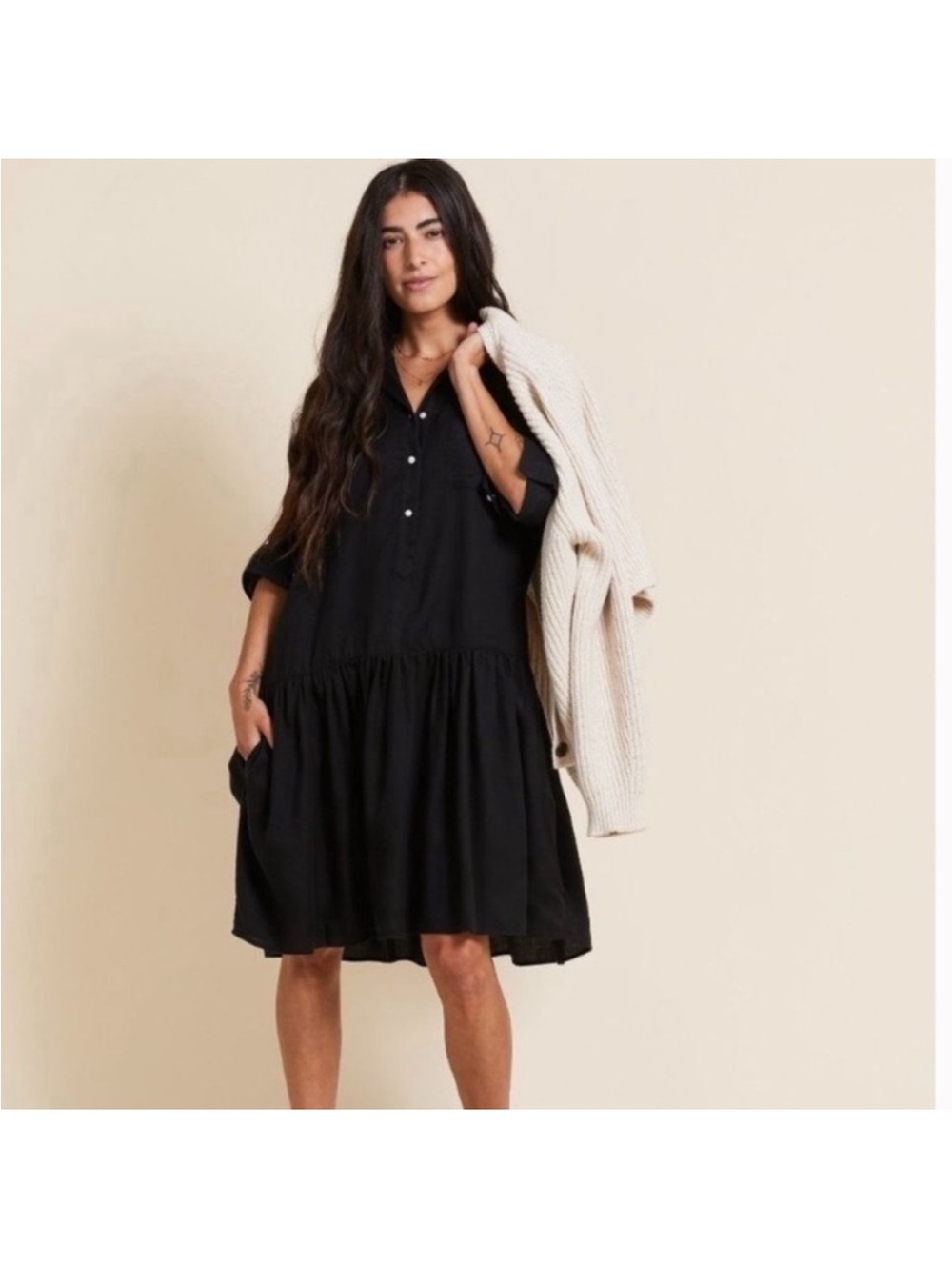 Grayson Black Long-Sleeve Button-Front Tiered Dress